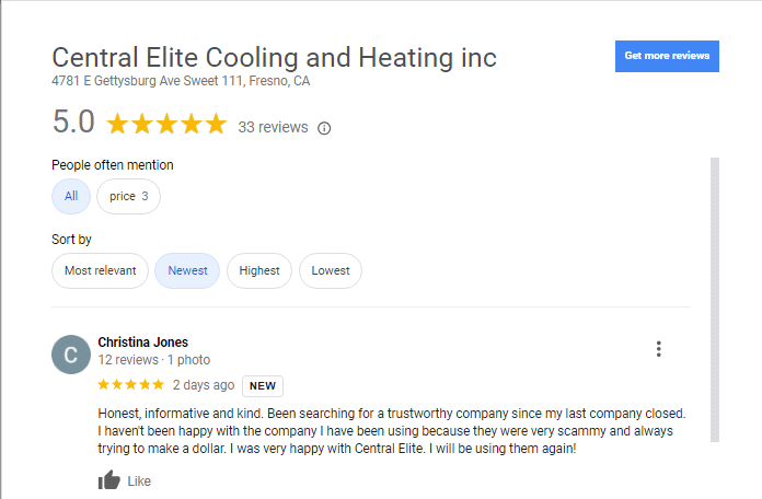 positive 5-star reviews for Central Elite