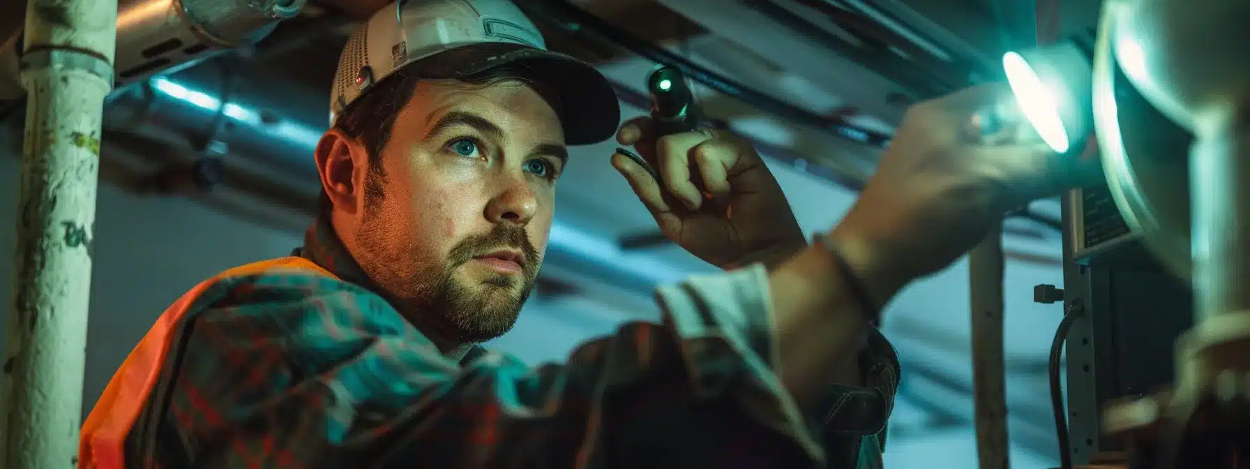 a technician inspecting a furnace with a bright flashlight, checking for signs of unusual noise and odor indicating potential issues like a gas leak.