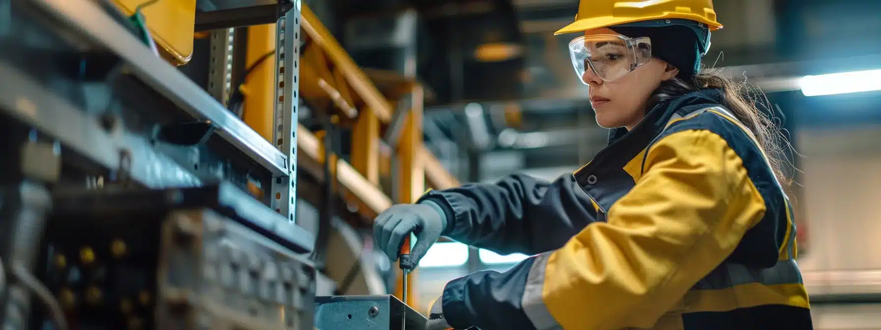 a person wearing safety goggles and gloves, holding a toolbox next to a furnace while checking the air filter.