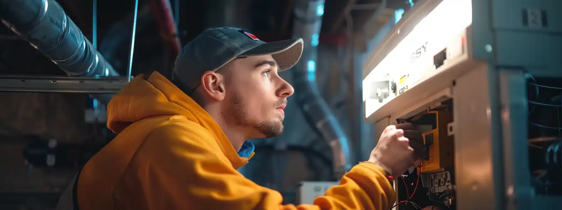 a professional technician inspecting a clean and unobstructed furnace, with energy-efficient components nearby, highlighting preventative maintenance strategies.