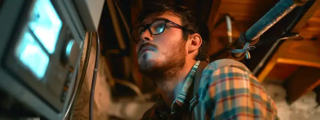 a homeowner inspecting a dusty, malfunctioning furnace with a puzzled expression.