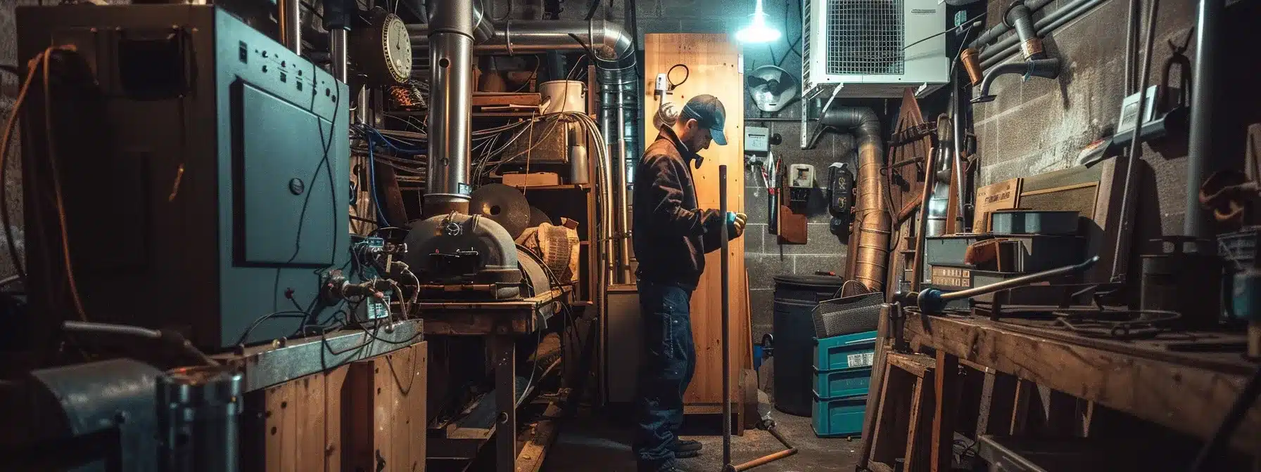 a technician carefully inspecting a furnace heat exchanger for damage, surrounded by tools and equipment, in a dimly lit basement workshop.