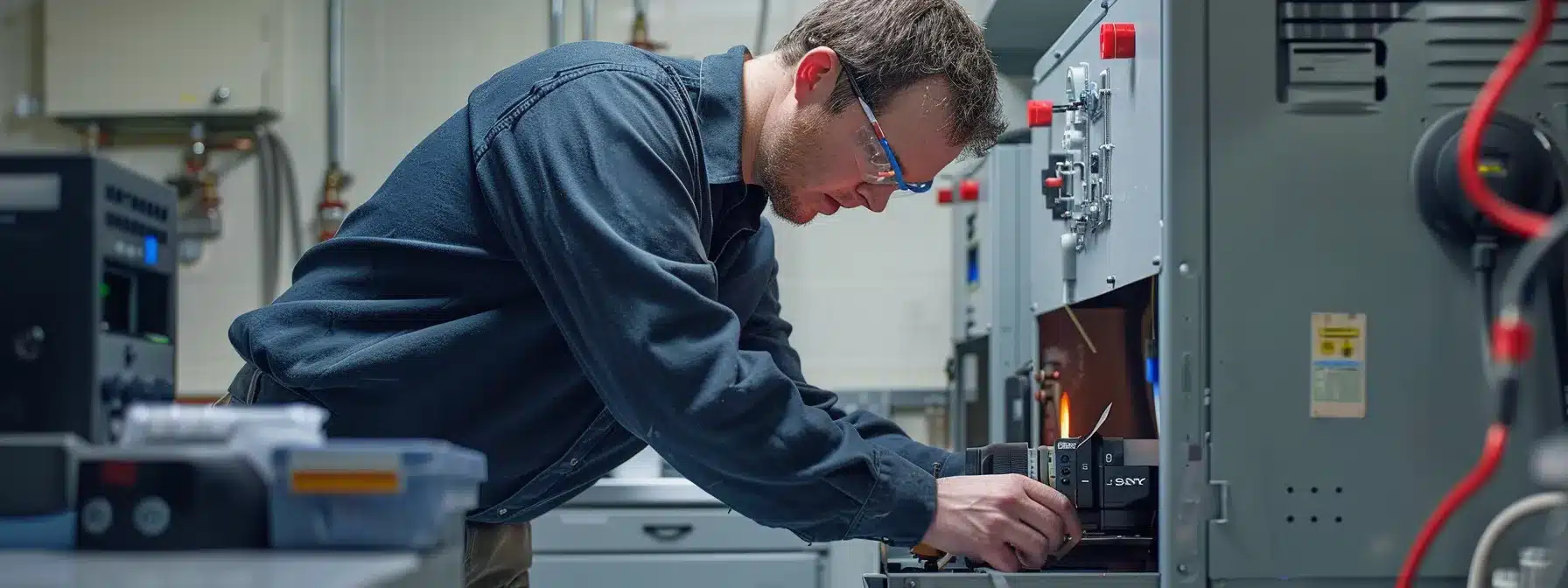 a technician examining the pilot light of a furnace, surrounded by tools and equipment on a clean, well-lit workbench.